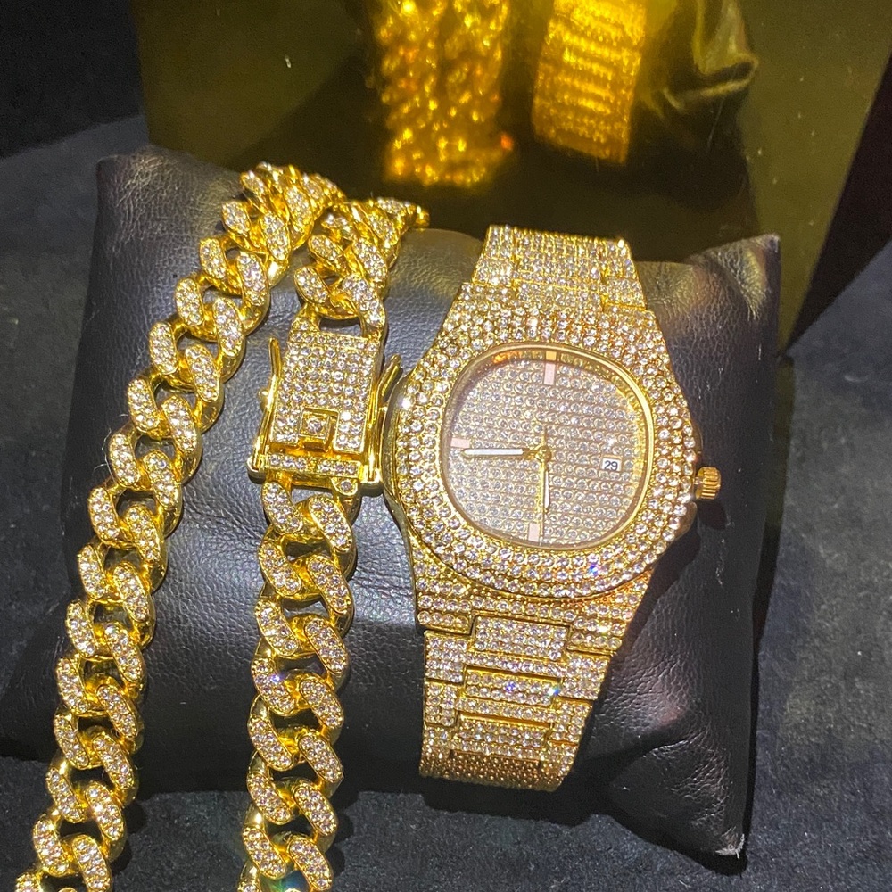 Used Gold Iced Out Watch and Chain Set